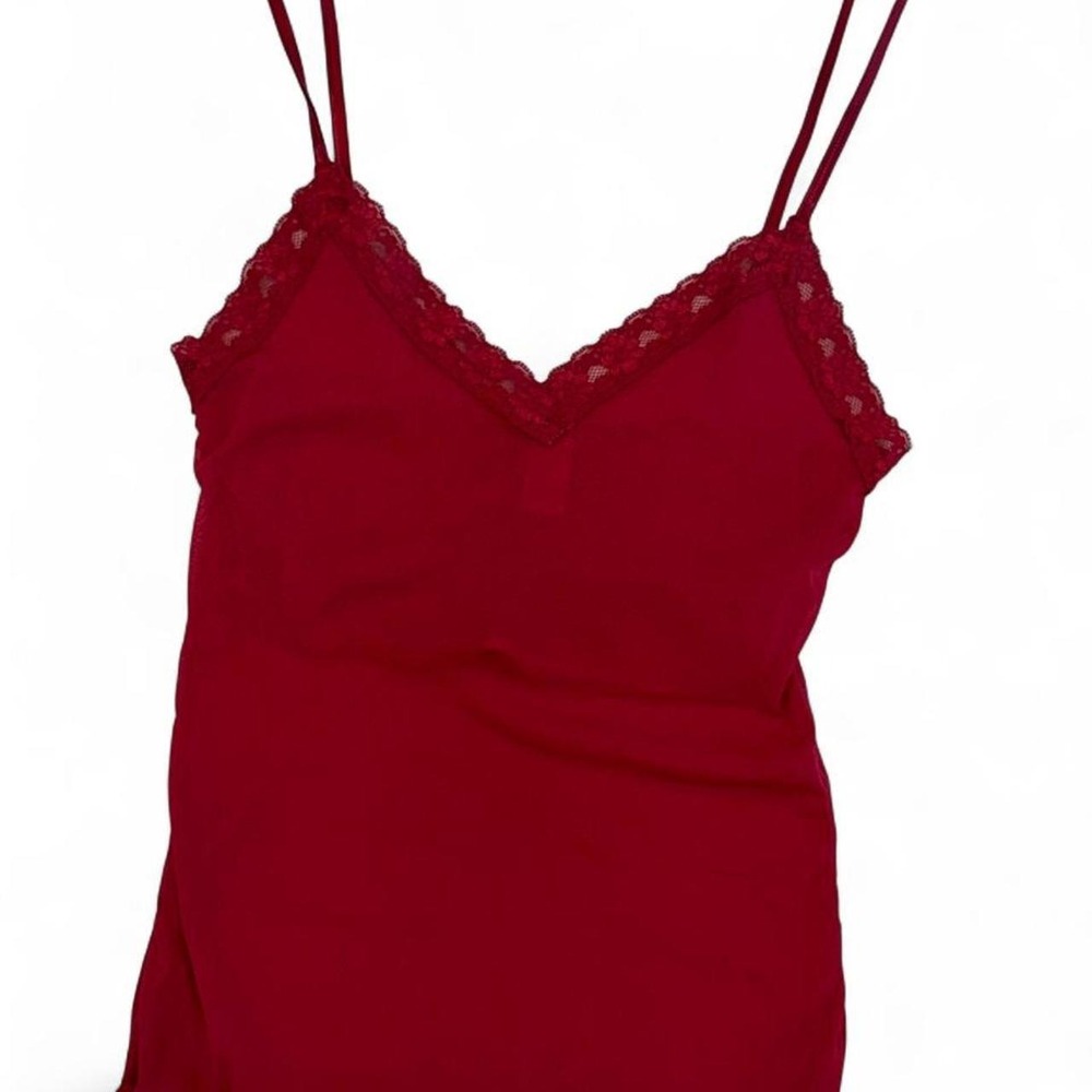 Vintage Sherr Red Lace Trim Cami Top Lettuce Hem V-Neck Camisole